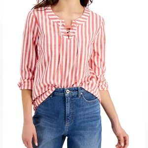Style & Co. red white stripe long sleeve blouse shirt top lace up neckline M NWT